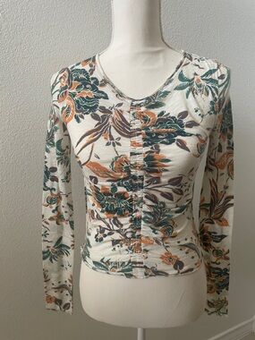 Free People Dreamed of You White Floral Print Long Sleeve Ruched Tee Top